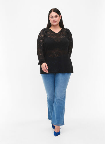 Long-sleeved lace blouse, Black, Model image number 2