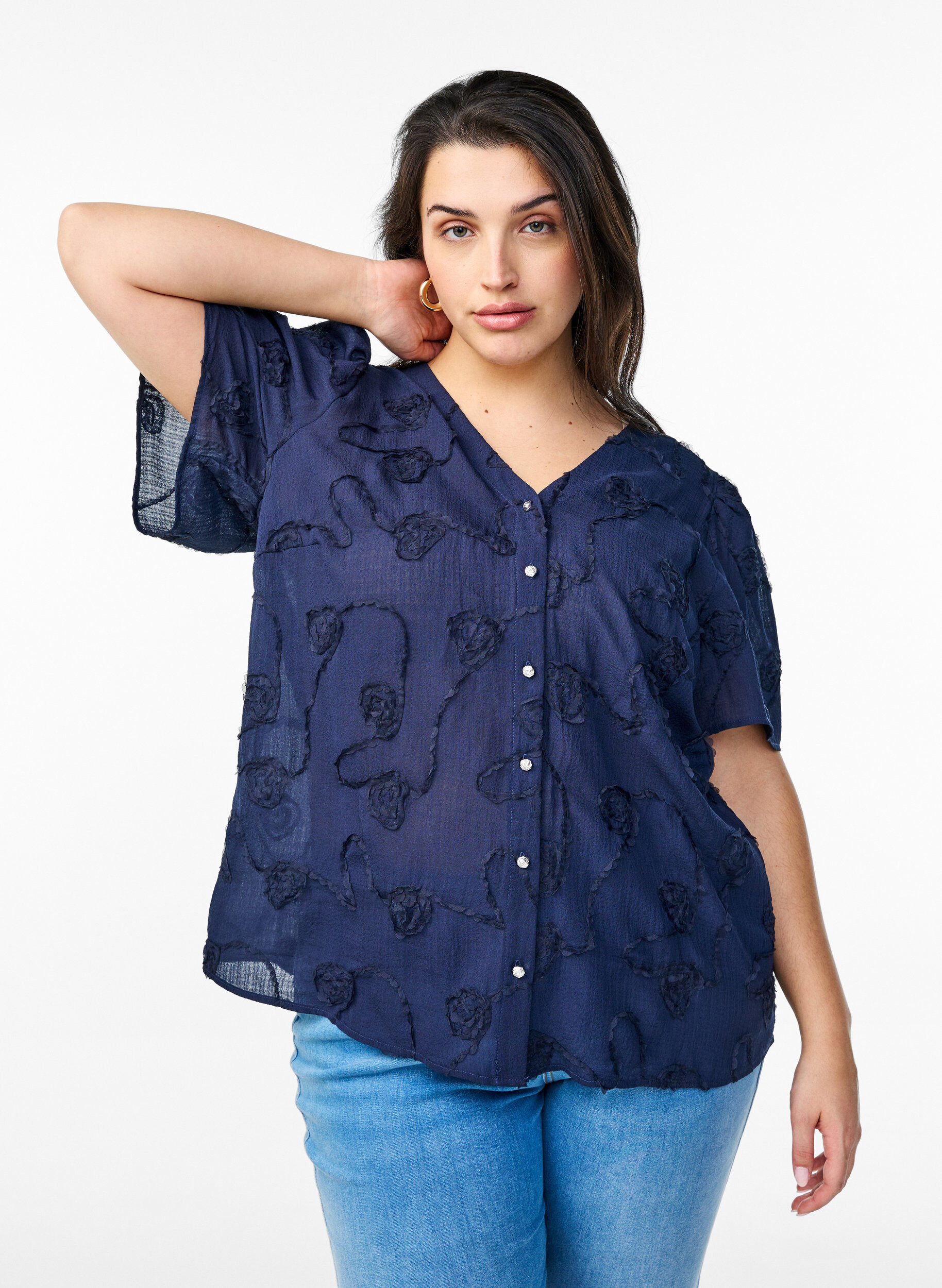 Zizzifashion Short-sleeved shirt blouse with 3D floral effect, Blue, Model image number 0