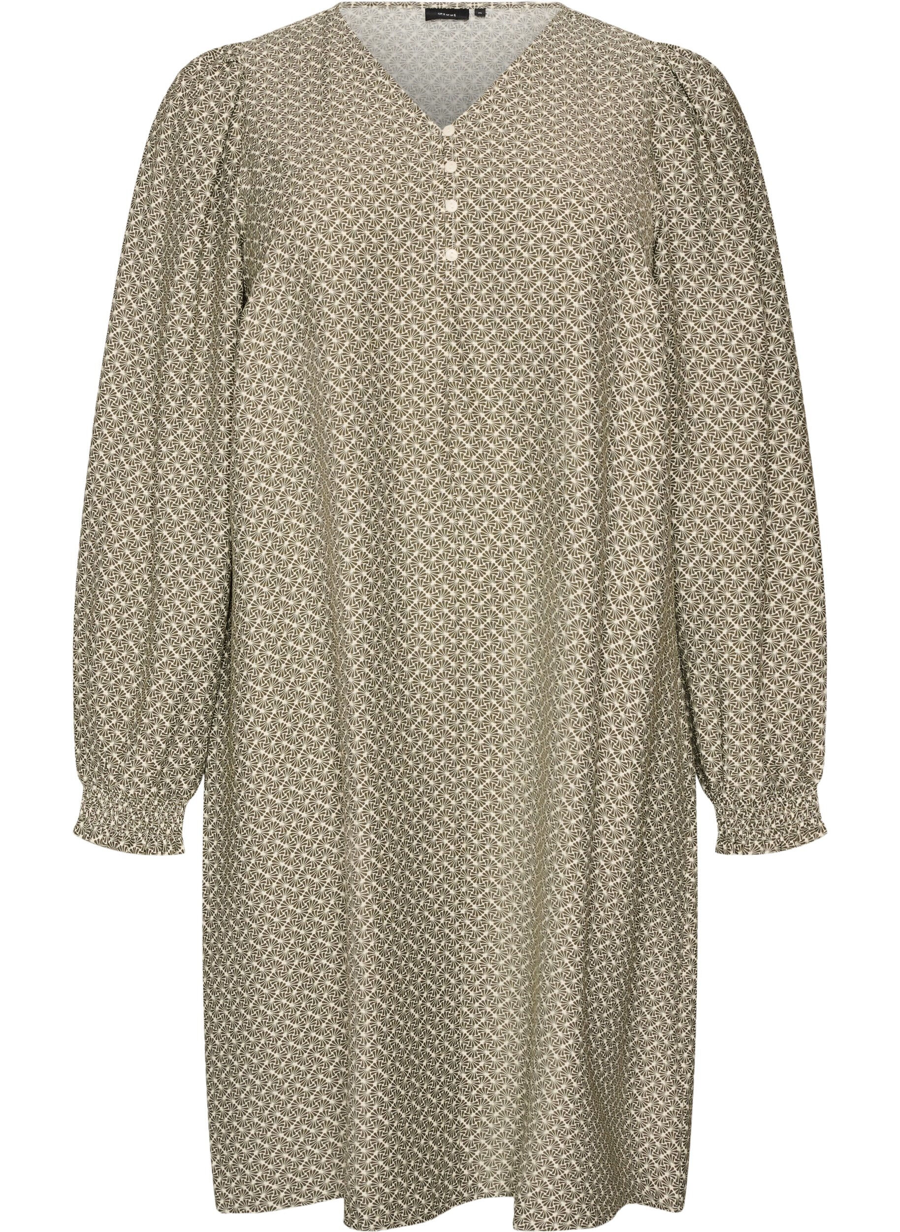 ZizzifashionPatterned viscose dress with long sleeves, Green, Packshot image number 0