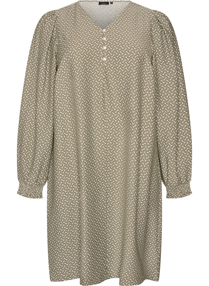 Patterned viscose dress with long sleeves, Green, Packshot image number 0
