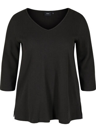 Cotton blouse with V-neck and 3/4 sleeves, Black, Packshot image number 0