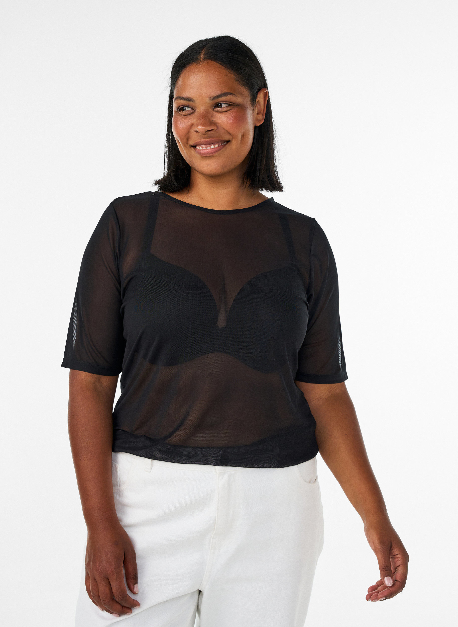 Mesh top with short sleeves and round neck, Black, Model