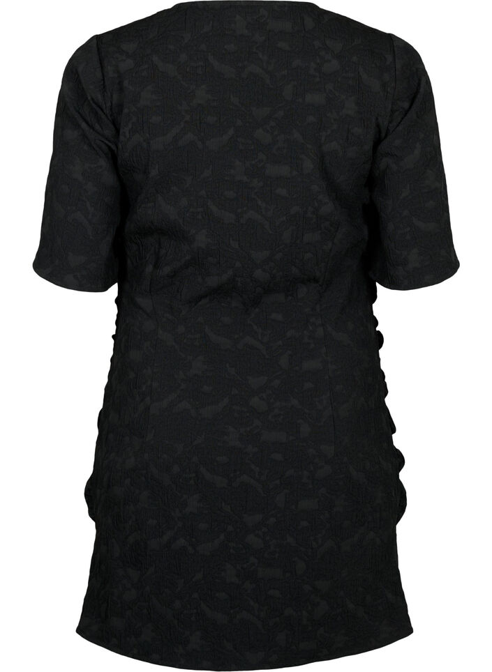 Short-sleeved dress with textured fabric and drapes, Black, Packshot image number 1