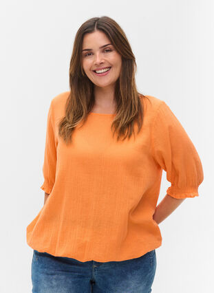 Short-sleeved cotton blouse with smock, Nectarine, Model image number 0