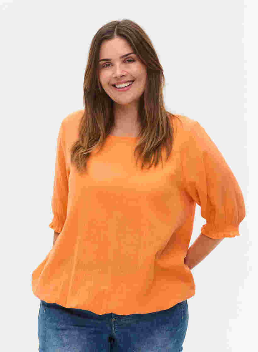 Short-sleeved cotton blouse with smock, Nectarine, Model