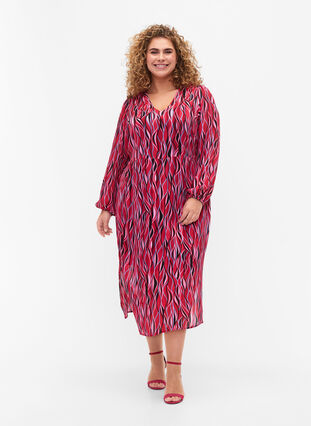 Long-sleeved midi dress with print, Fuchsia Pink AOP, Model image number 2