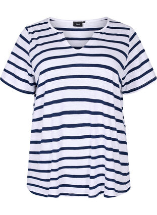 Striped cotton t-shirt with v-neck, Bright White Stripe, Packshot image number 0