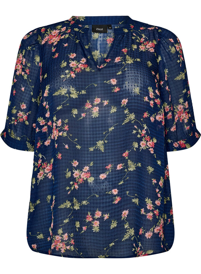 Blouse with floral print and V-neck, Blue, Packshot image number 0