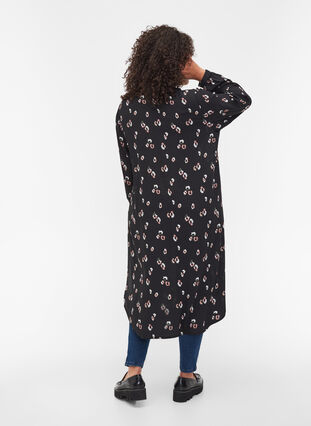 Printed shirt dress with slit, Black w. Flower, Model image number 1