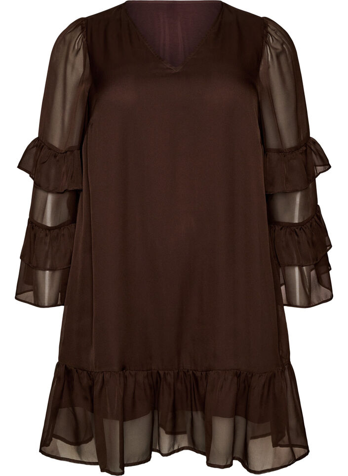 Short dress with sheer ruffle sleeves, Brown, Packshot image number 0