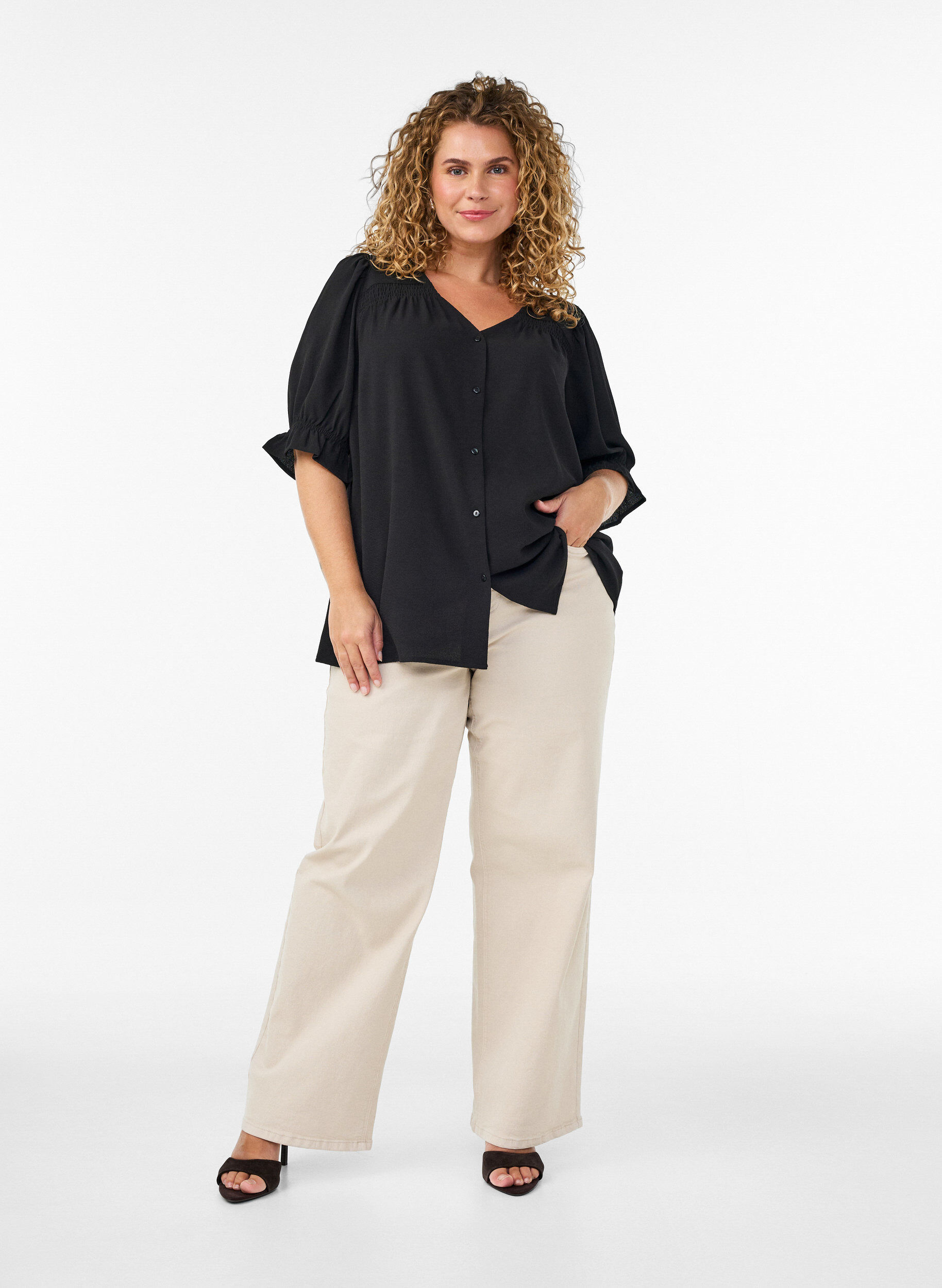 ZizzifashionShirt blouse with 1/2 sleeves, Black, Model image number 1