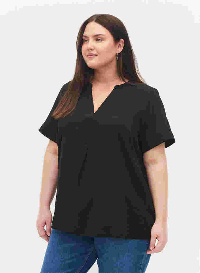 Short-sleeved v-neck blouse, Black, Model image number 0