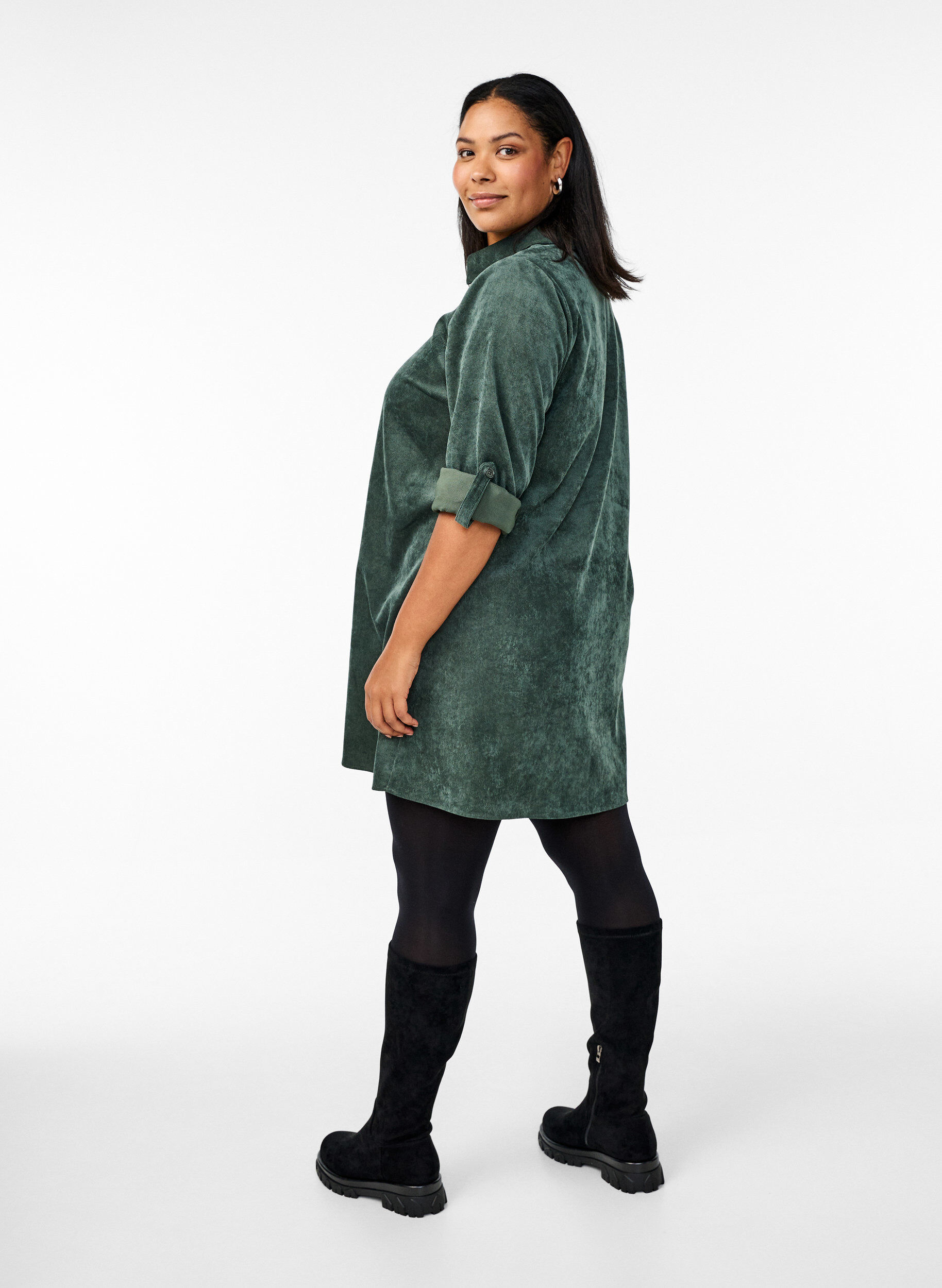 Zizzifashion Velvet dress with zipper and 3/4 sleeves, Green, Model image number 2