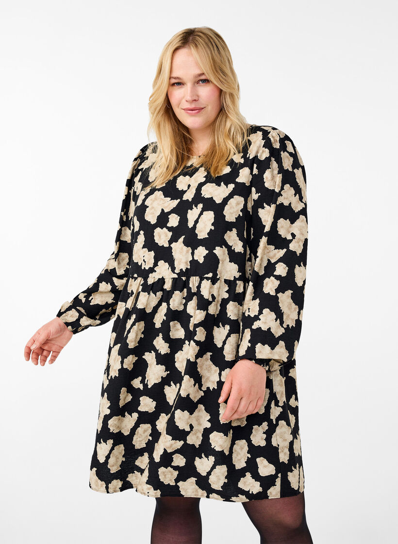 Long-sleeved dress with print and bows, Black, Model image number 0