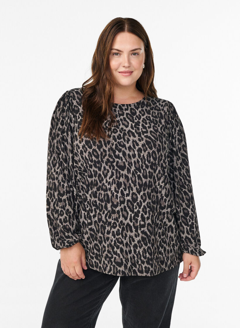Blouse with long sleeves and leopard print, Dark Grey, Model image number 0