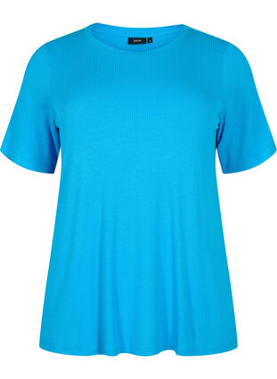 T-shirt in viscose with rib structure, Ibiza Blue, Packshot image number 0