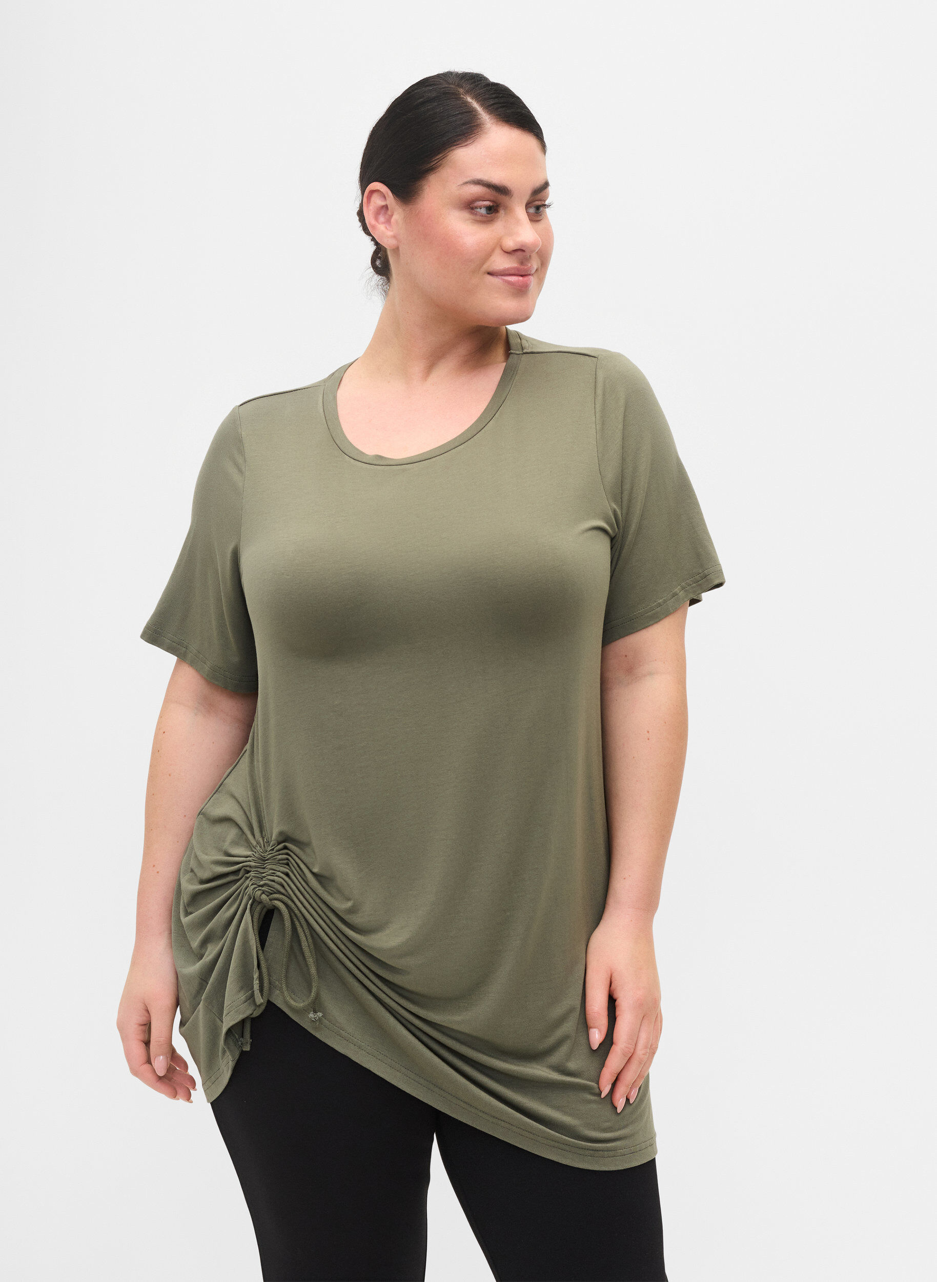 Zizzifashion Short-sleeved viscose tunic with snow details, Dusty Olive, Model image number 0