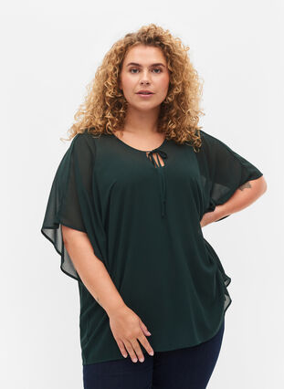 Blouse with tie strings and short sleeves, Scarab, Model image number 0