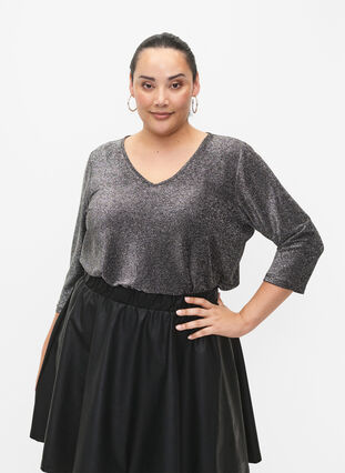 Glitter blouse with 3/4 sleeves, Black Silver , Model image number 0