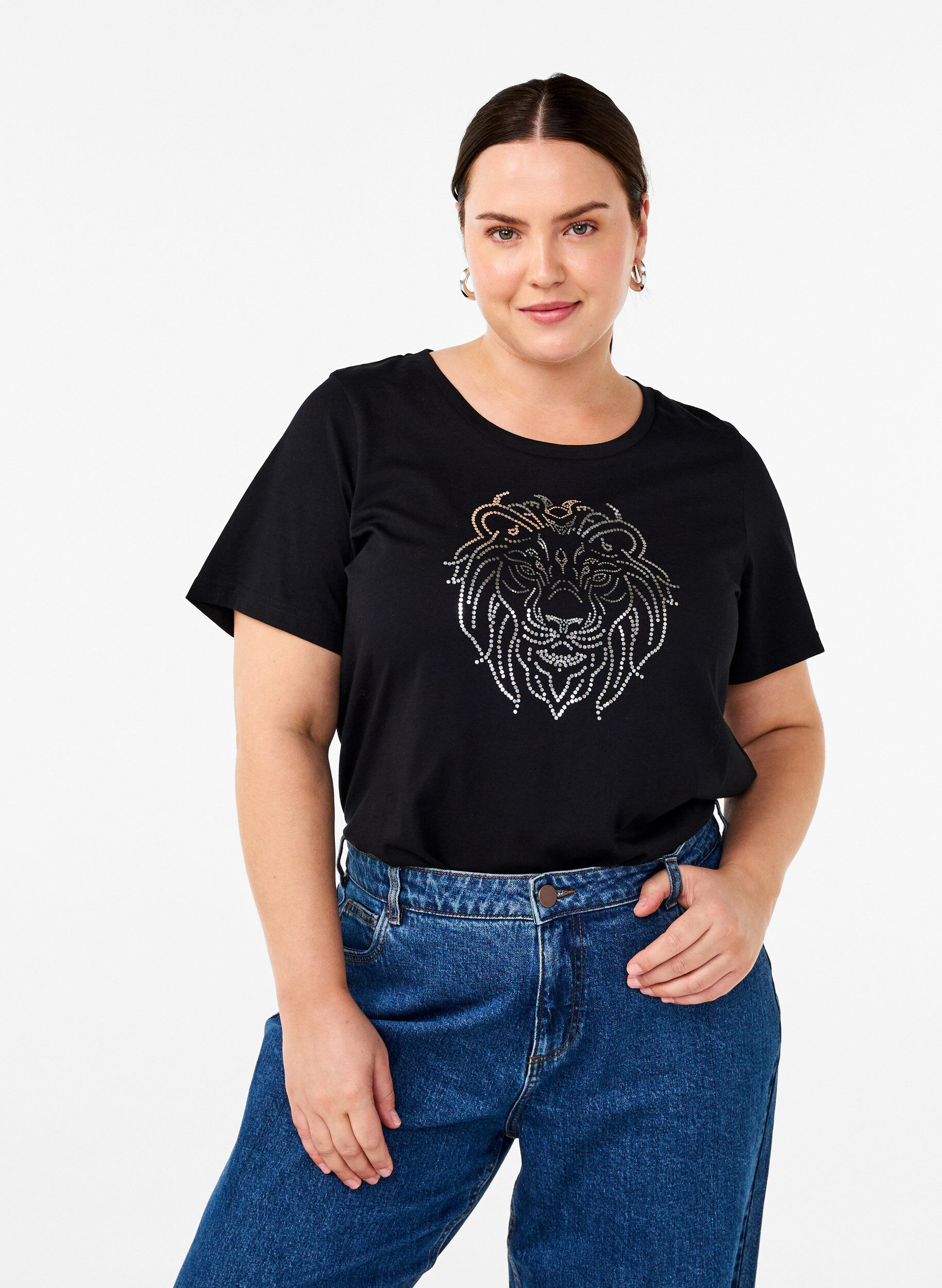 Zizzifashion Cotton T-shirt with print, Black w. Silverlion, Model image number 0