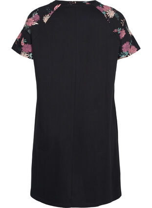 	 Short sleeve cotton nightdress with print details, Black AOP Flower, Packshot image number 1