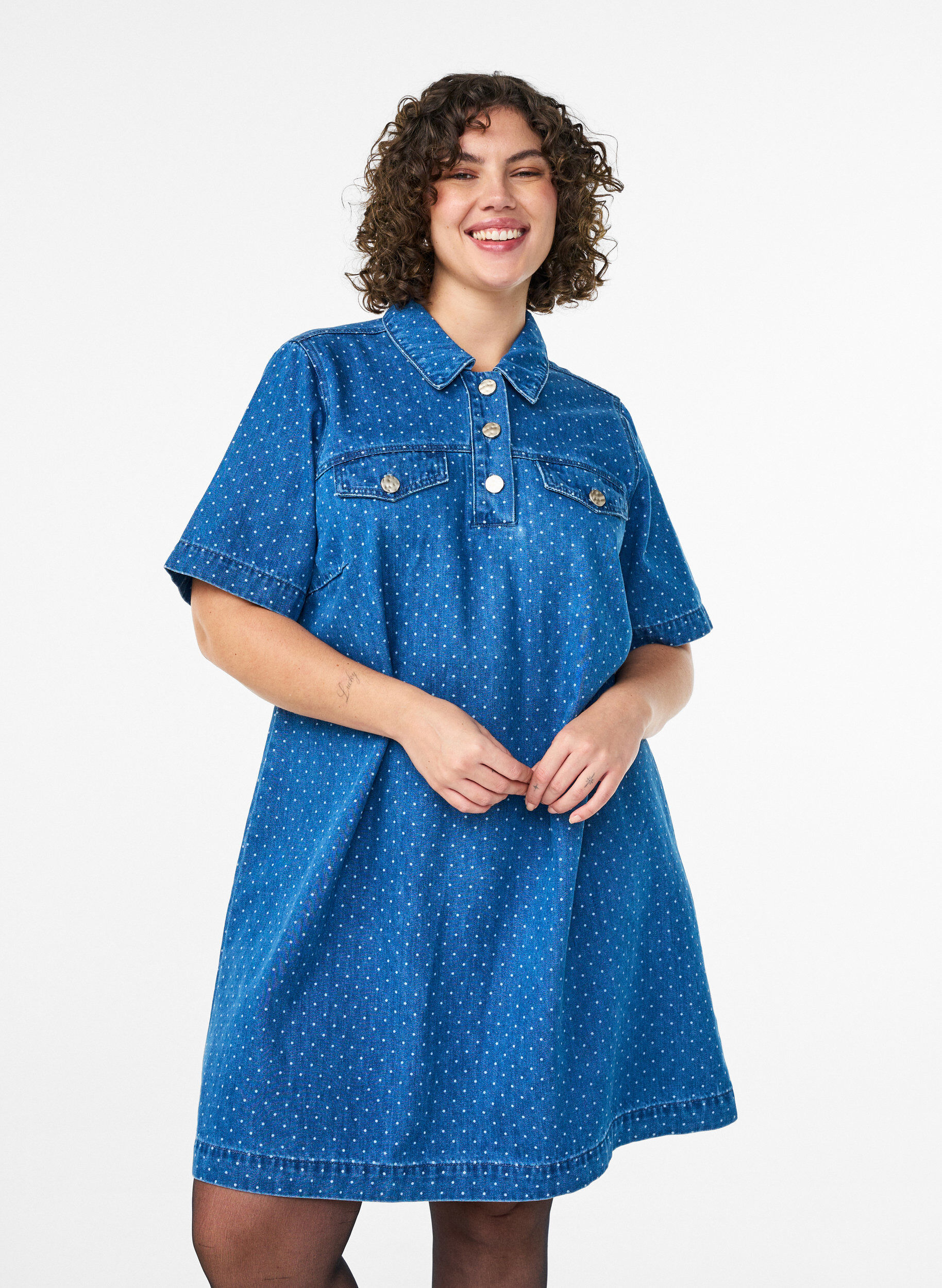 Zizzifashion Short denim dress with dots, Blue, Model image number 0
