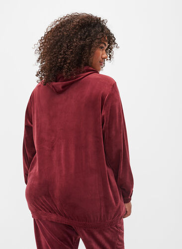 Velour cardigan with zip and hood, Cabernet, Model image number 1