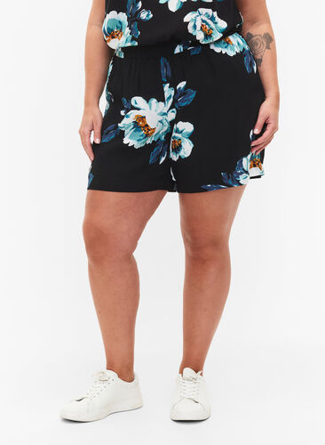 Loose-fitting shorts in viscose, Black Big Flower, Model image number 2