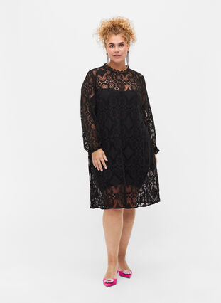 Long sleeved lace dress, Black, Model image number 3