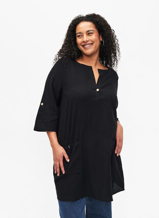 3/4 sleeve cotton blend tunic with linen, Black, Model image number 0