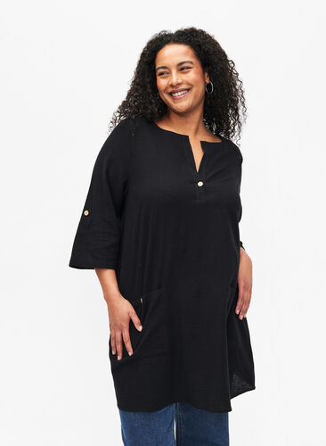 3/4 sleeve cotton blend tunic with linen, Black, Model image number 0
