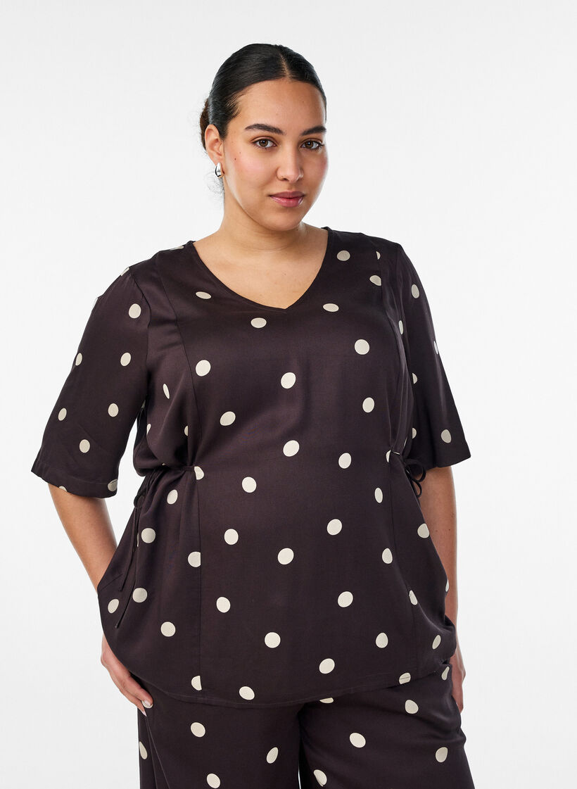 Polka dot viscose blouse with V-neck and tie-fastening, Brown, Model image number 0