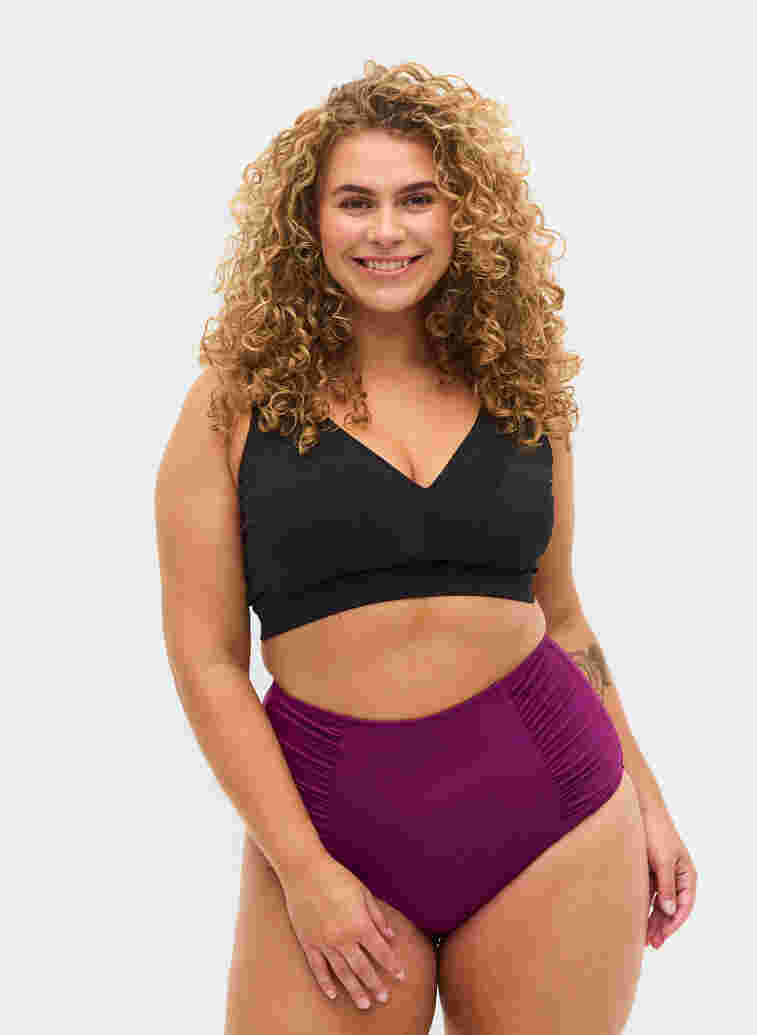 High-waisted bikini bottom with ruching, Dark Purple, Model image number 0