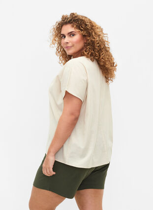 Short-sleeved blouse in cotton blend with linen, Sandshell, Model image number 1