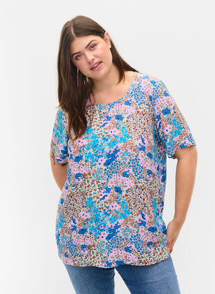 Short-sleeved viscose blouse with floral print, Blue Rose Flower, Model image number 0