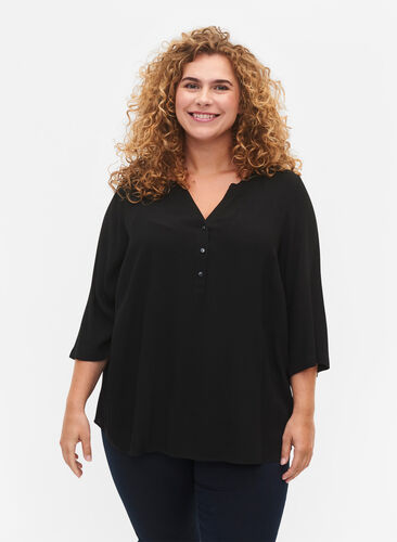 Blouse in viscose with 3/4 sleeves, Black, Model image number 0
