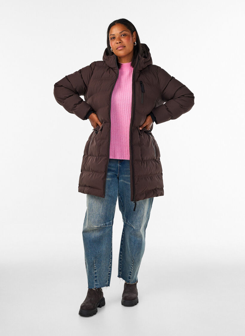 Puffer coat with hood and pockets, Brown, Model image number 1