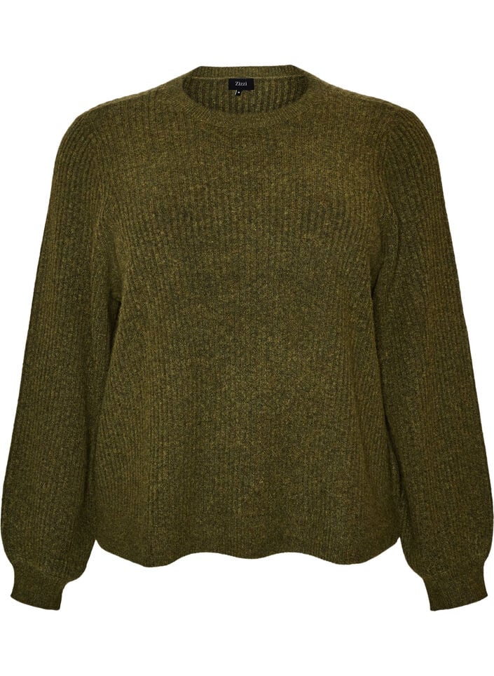 Ribbed jumper with balloon sleeves, Green, Packshot image number 0
