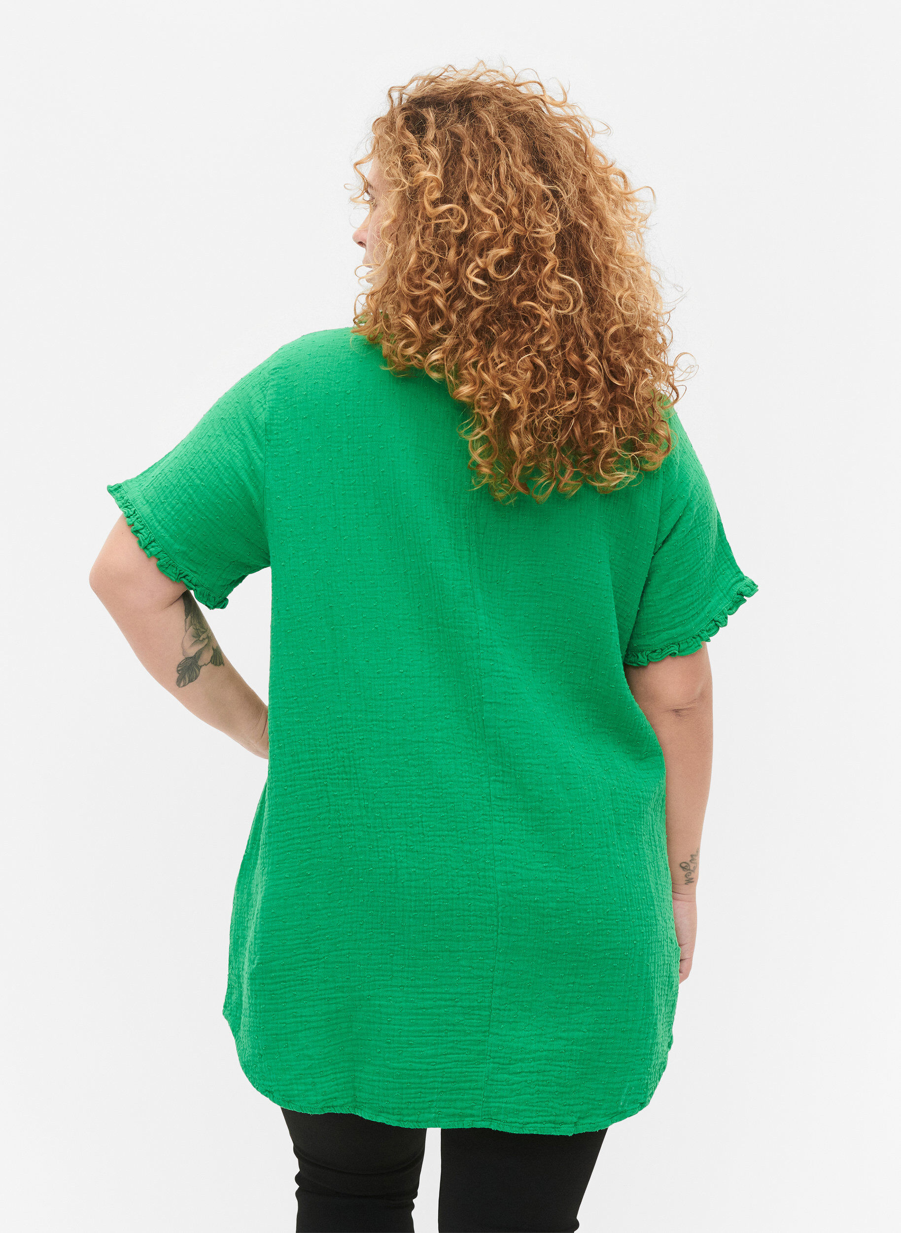 Zizzifashion Short-sleeved cotton tunic with ruffles, Bright Green, Model image number 1