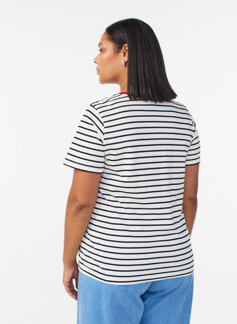 Striped cotton t-shirt with embroidered text, Vanilla, Model image number 2
