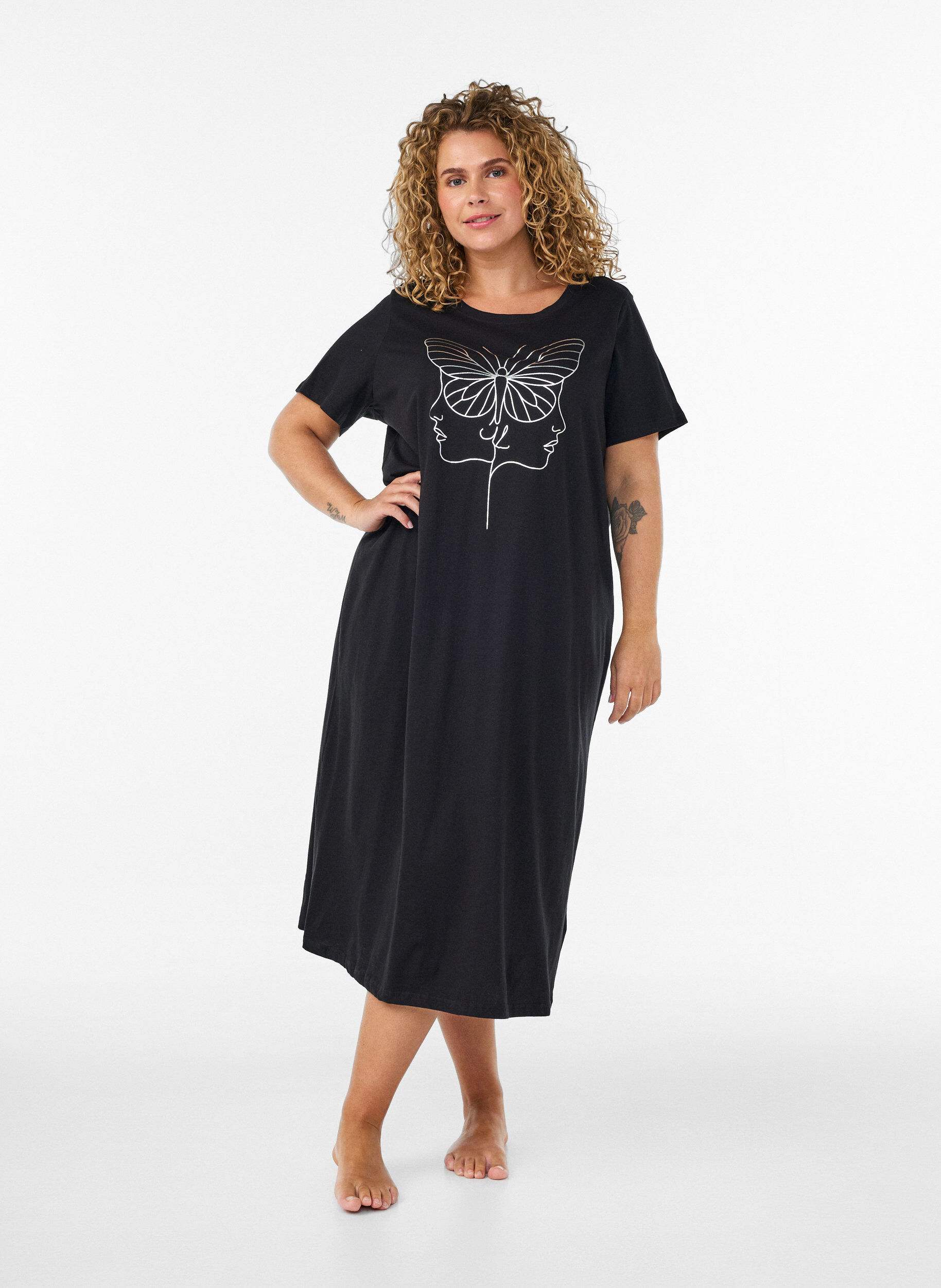 ZizzifashionMidi nightgown in organic cotton, Black, Model image number 0
