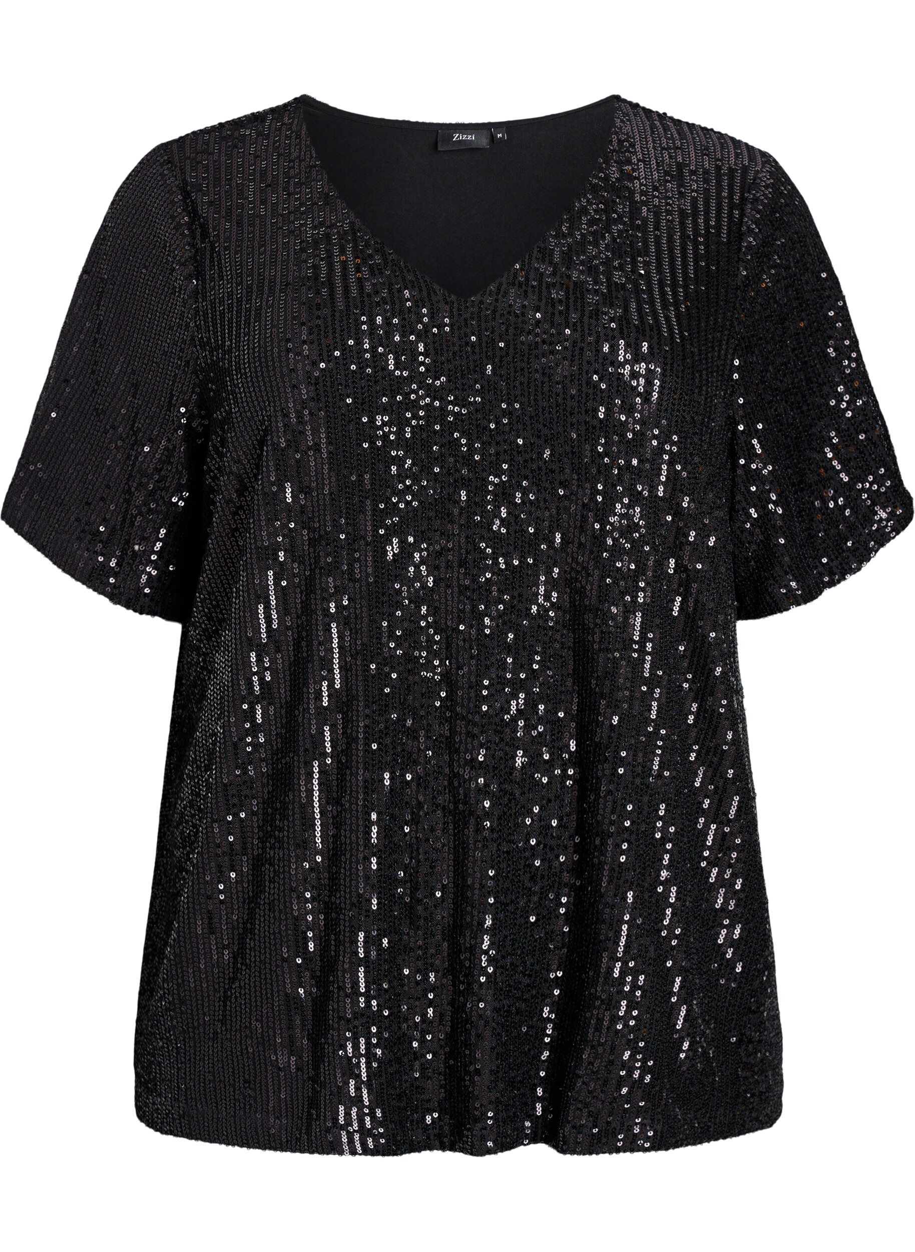 Sequin blouse with V-neck and short sleeves