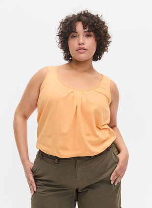 Cotton top with rounded neckline and lace trim, Apricot Nectar, Model image number 0