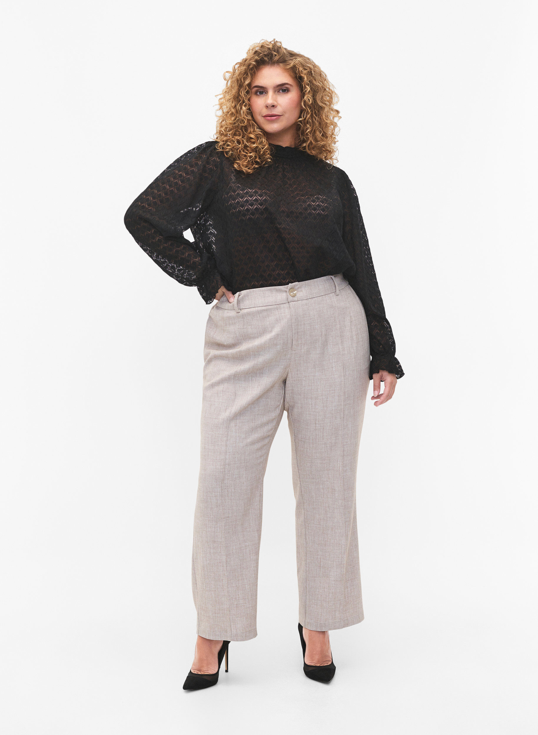 Zizzifashion Long-sleeved blouse with patterned texture, Black, Model image number 2