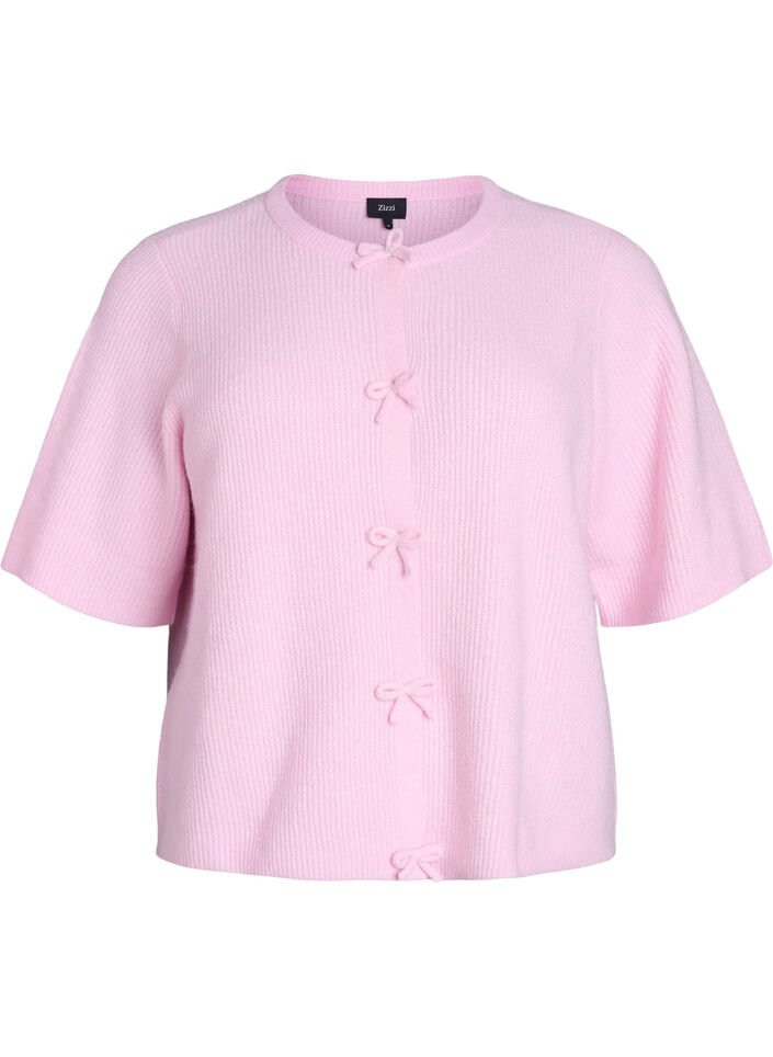 Short-sleeved knit cardigan with bows, Pink, Packshot image number 0