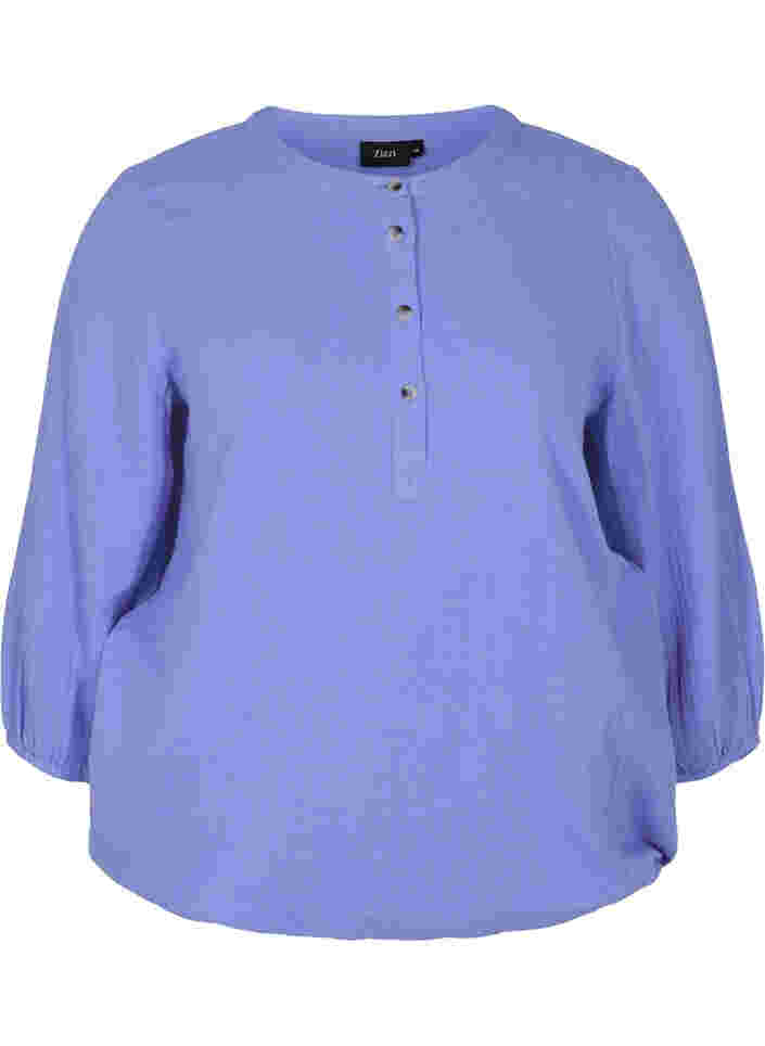 Cotton blouse with buttons and 3/4 sleeves, Ultramarine, Packshot image number 0