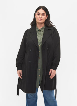 Trench coat with belt and pockets, Black, Model image number 0