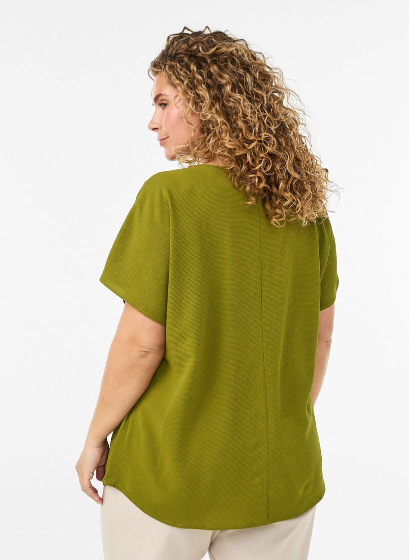 Blouse with short sleeves and a round neckline, Green, Model image number 2