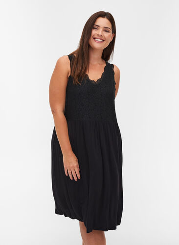 Lace top viscose nightgown, Black, Model image number 0