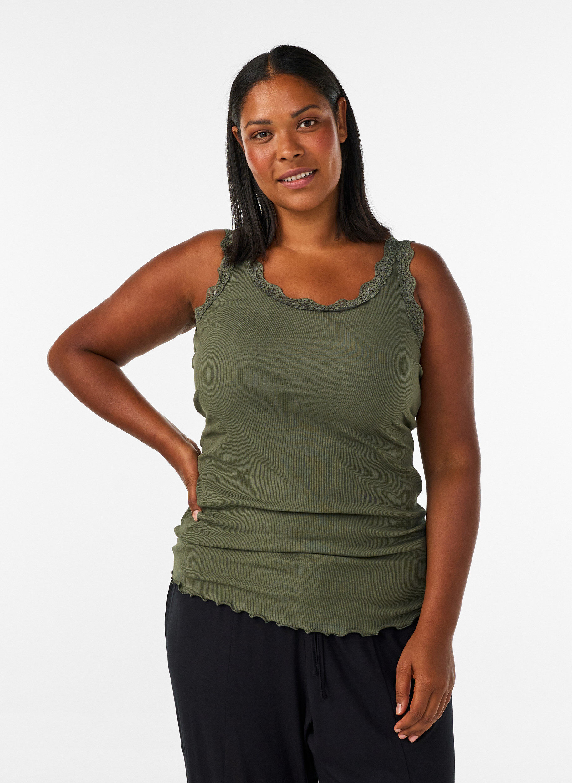 Top with lace trim, Green, Model